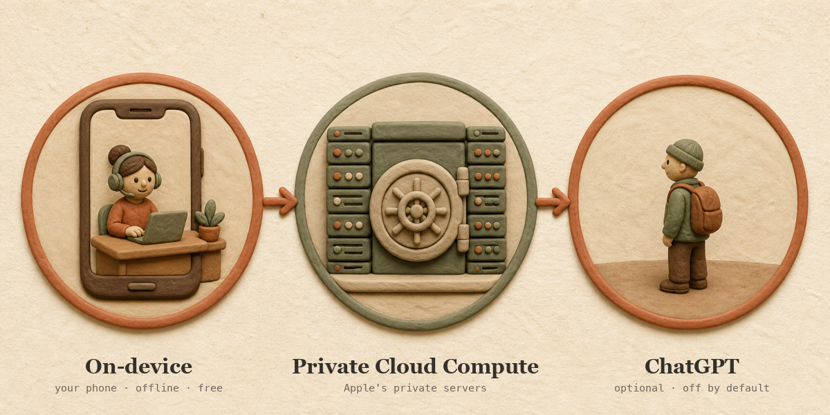 Three-panel clay illustration of the tiers Apple Intelligence routes a request through: On-device (your phone), Private Cloud Compute (Apple's private servers), and ChatGPT (optional, off by default).