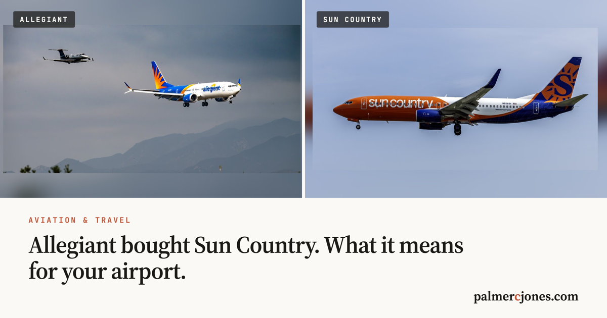 Split image of an Allegiant Boeing 737 MAX 8-200 on approach beside a Sun Country Boeing 737-800 in flight