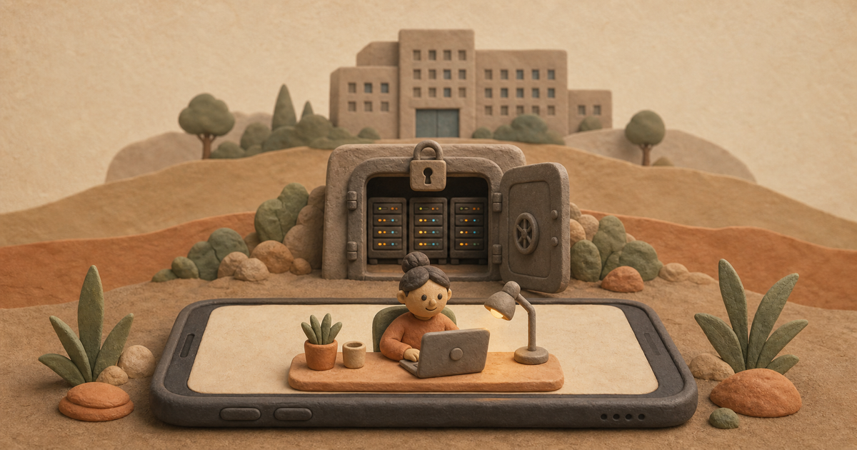 Editorial illustration of a small model at a desk on a phone, a locked vault of servers behind it, and a distant outside office, in clay-on-paper style.