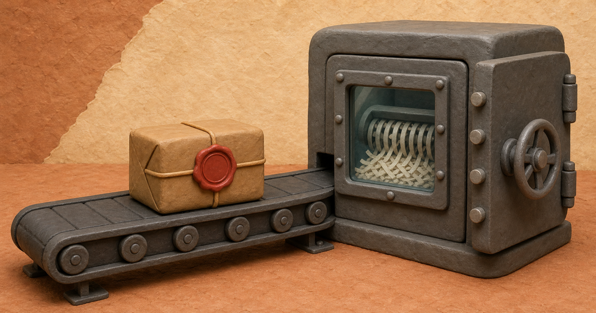 Editorial illustration of a sealed package traveling to a vault with an inspection window and a shredder behind the door, in clay-on-paper style.