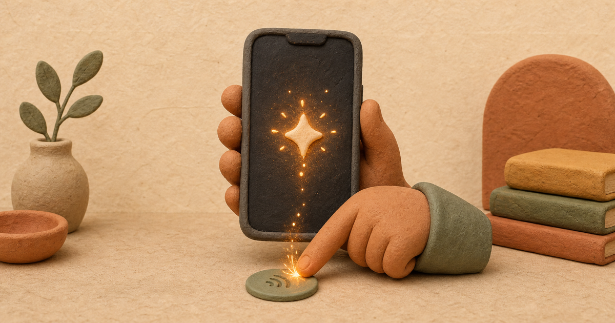 Editorial illustration of a phone tapping an NFC tag that triggers a small on-device AI model, in clay-on-paper style.