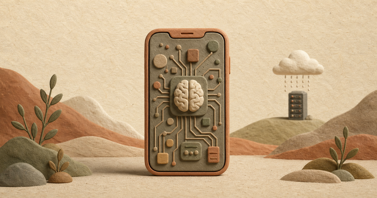 Editorial illustration of a phone in the foreground growing larger as a distant cloud server shrinks behind it, in clay-on-paper style.