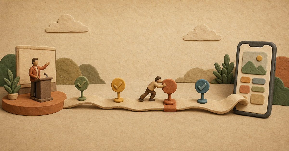 Editorial illustration of a timeline unrolling from a 2024 stage toward a phone, with one milestone marked 'delayed,' in clay-on-paper style.