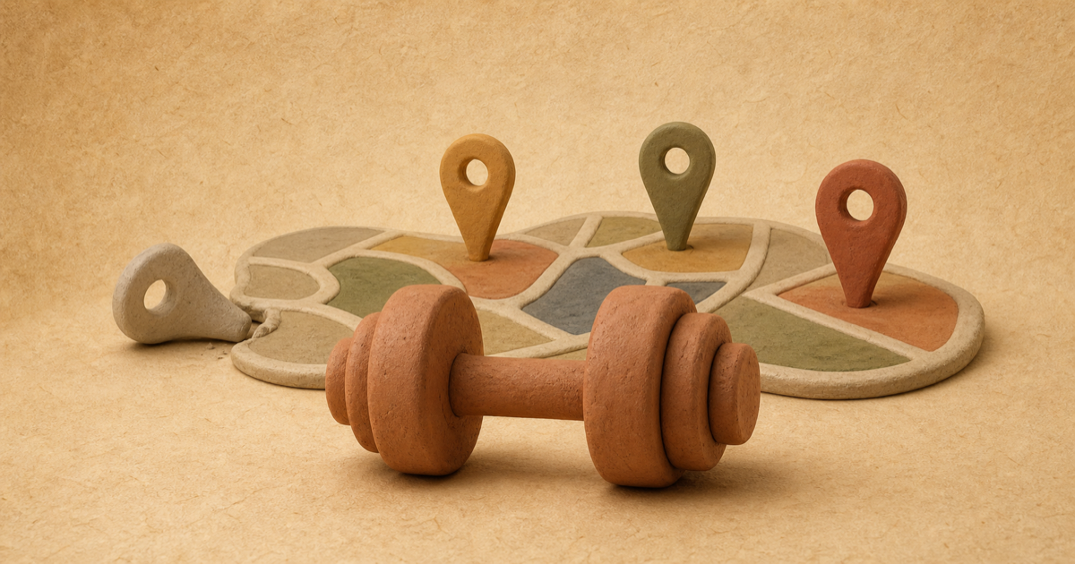 A sculpted clay dumbbell in front of a clay neighborhood map dotted with location pins, one pin toppled and faded, in warm clay-on-paper style.