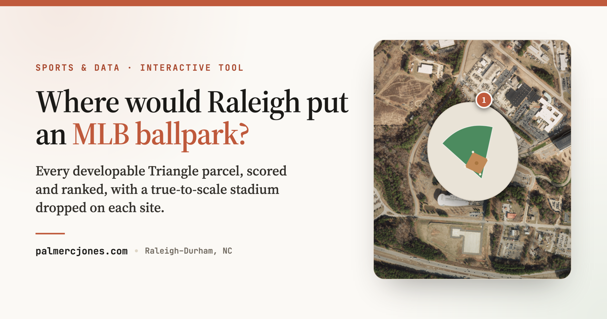 A scaled baseball stadium overlaid on an aerial parcel near downtown Raleigh