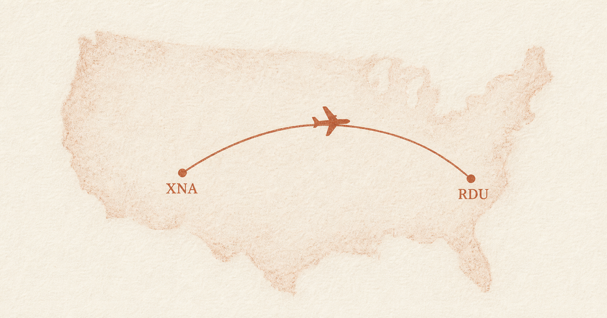 Clay-on-paper editorial illustration: a warm terracotta arc with an airplane silhouette connecting Northwest Arkansas Regional (XNA) and Raleigh-Durham (RDU) across a hand-drawn map of the United States