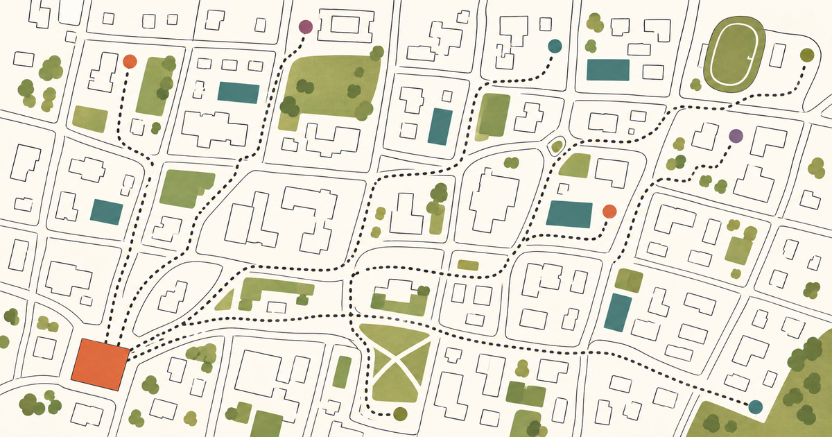 An abstract hand-drawn map of a college town with dotted walking routes running from one building out to scattered colored dots