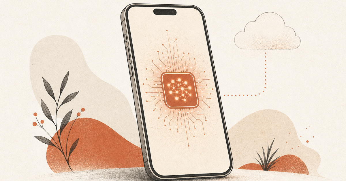Editorial illustration of an iPhone running an on-device AI chip, with a small faint cloud tier connected behind it, in clay-on-paper style.