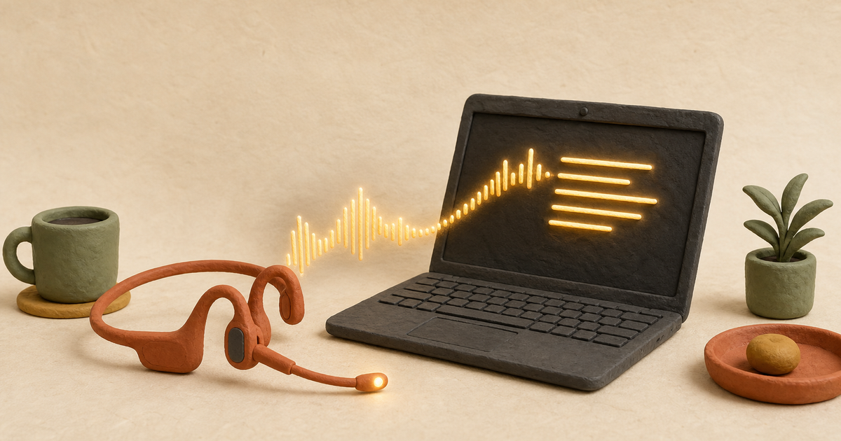 Clay-sculpture illustration on a warm paper desk: a charcoal-clay laptop, a terracotta bone-conduction headset with a boom mic, and a glowing gold voice waveform flowing from the mic into lines of text on the screen.