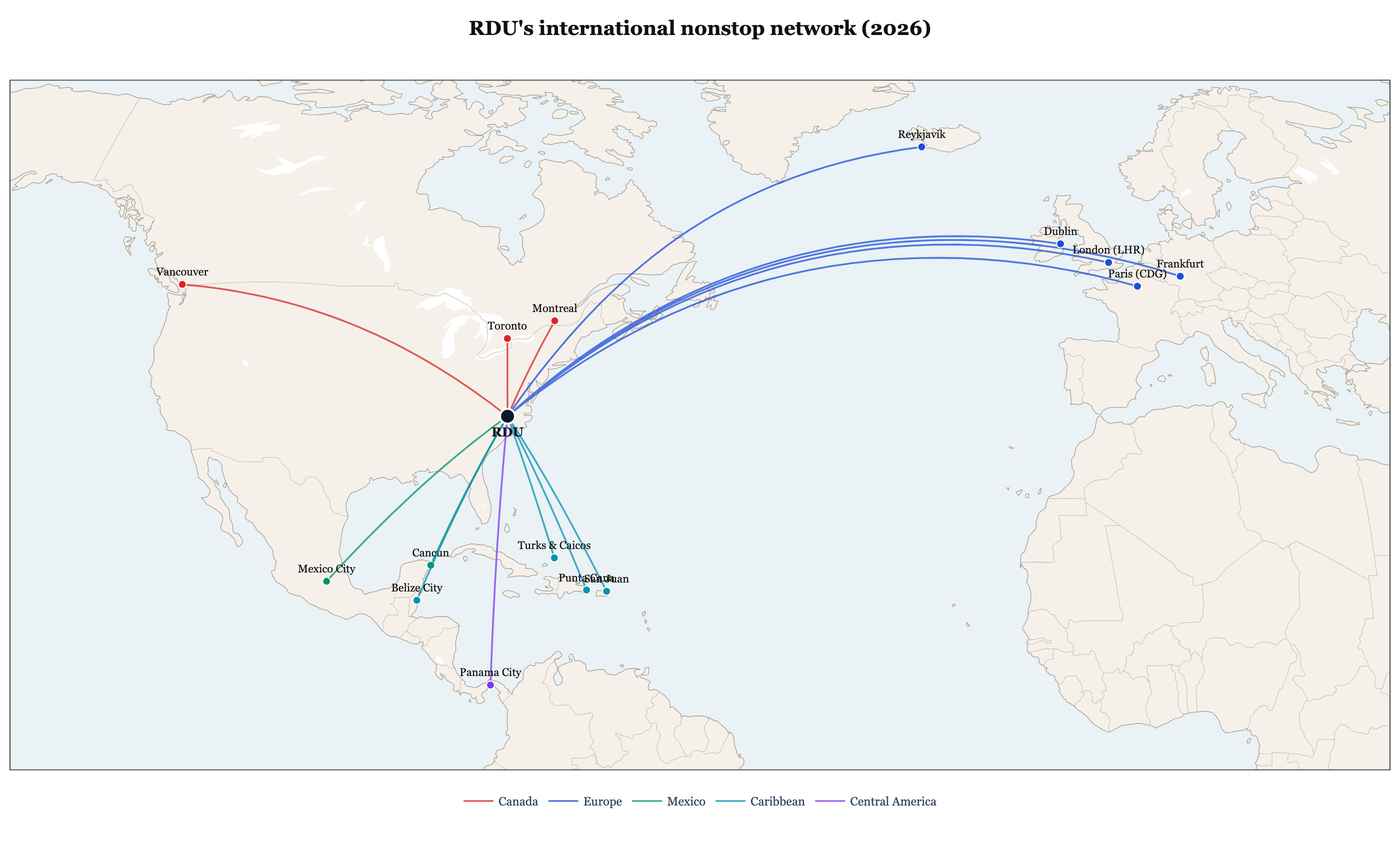 RDU's international nonstop network (2026)