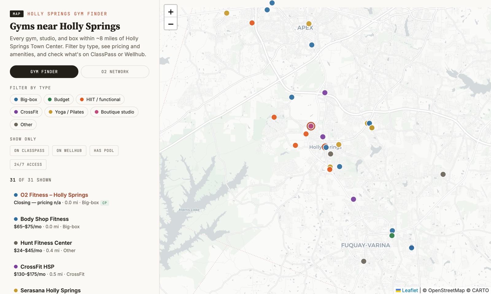 The Holly Springs Gym Finder: an interactive map with color-coded pins for every gym near Holly Springs, alongside a panel of filters and pricing