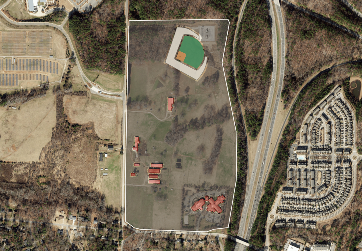 The Trenton Road site, an industrial tract with the ballpark fit into the open land and a highway along the edge
