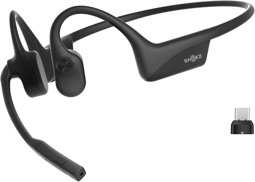 Shokz OpenComm2 UC bone-conduction headset with boom mic and USB-C dongle